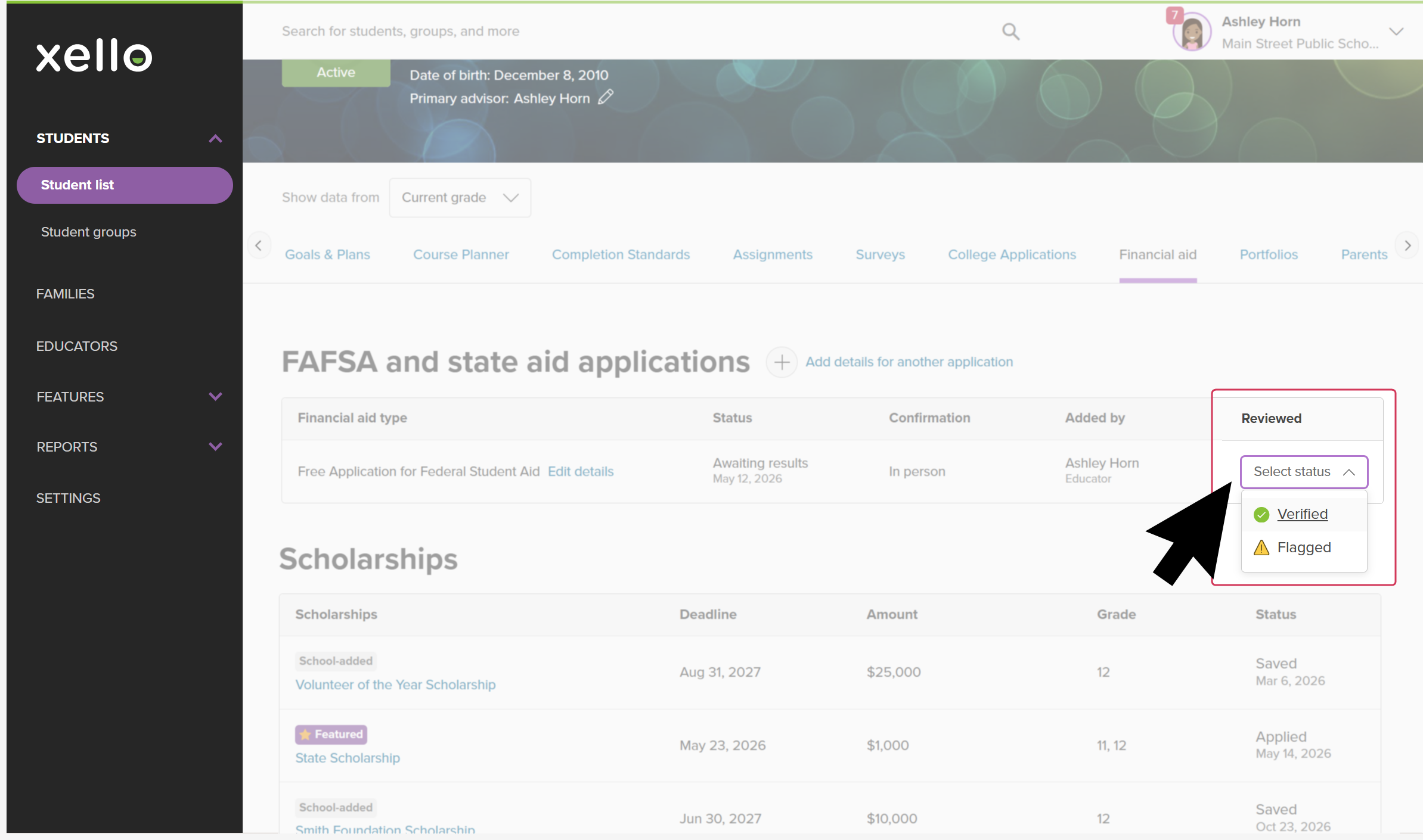 Educator account with a student profile open to the Financial aid tab. The cursor has opened the Select status dropdown to choose between Verified or Flagged.